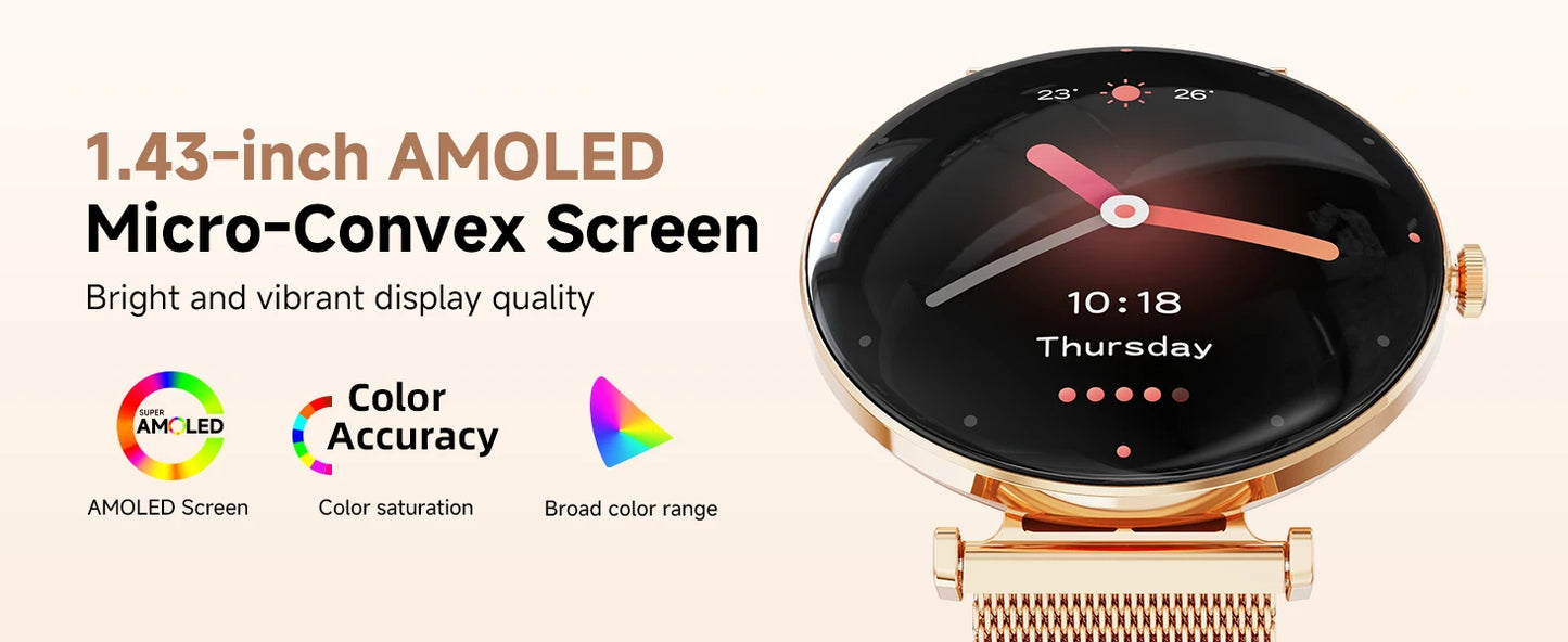 【 Amoled 】 2025 Women'S Smart Watch, 1.43 Hd Screen, Ip68 Waterproof Sports Fitness Watch, With Heart Rate, Suitable For Android