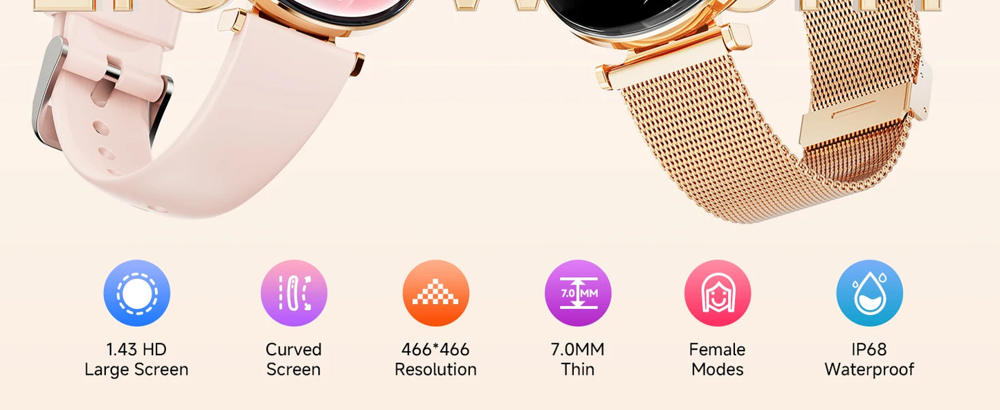 【 Amoled 】 2025 Women'S Smart Watch, 1.43 Hd Screen, Ip68 Waterproof Sports Fitness Watch, With Heart Rate, Suitable For Android