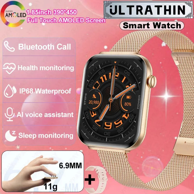 New For Women. Ultra Thin Smartwatch Bluetooth Call 1.85inch AMOLED IP68 Waterproof Heart Rate Sports Track Smart Bracelet