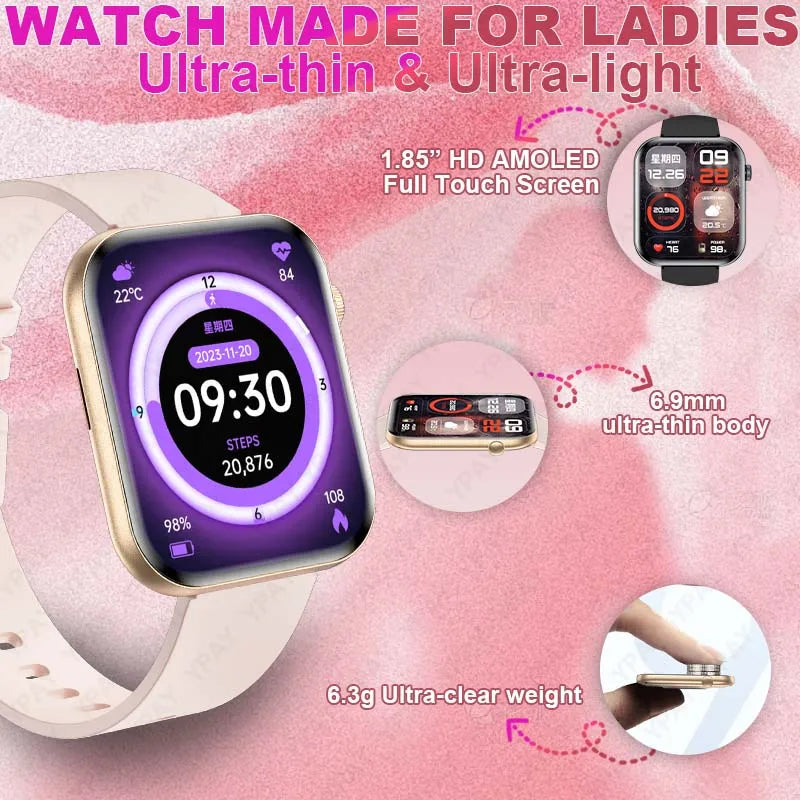 New For Women. Ultra Thin Smartwatch Bluetooth Call 1.85inch AMOLED IP68 Waterproof Heart Rate Sports Track Smart Bracelet